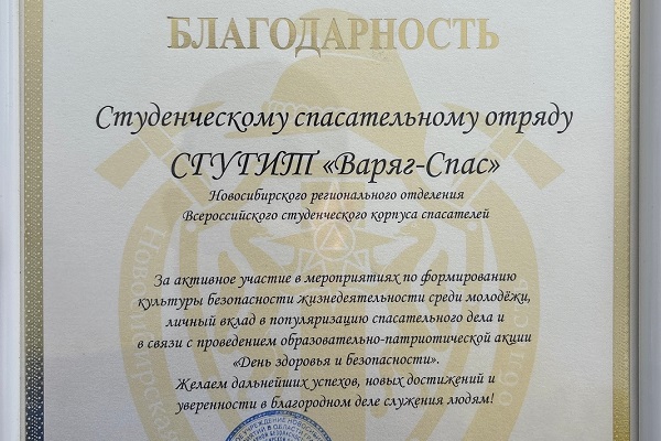 Отряд «Варяг-спас» СГУГиТ получил благодарность на Дне здоровья и безопасности в НГПУ
